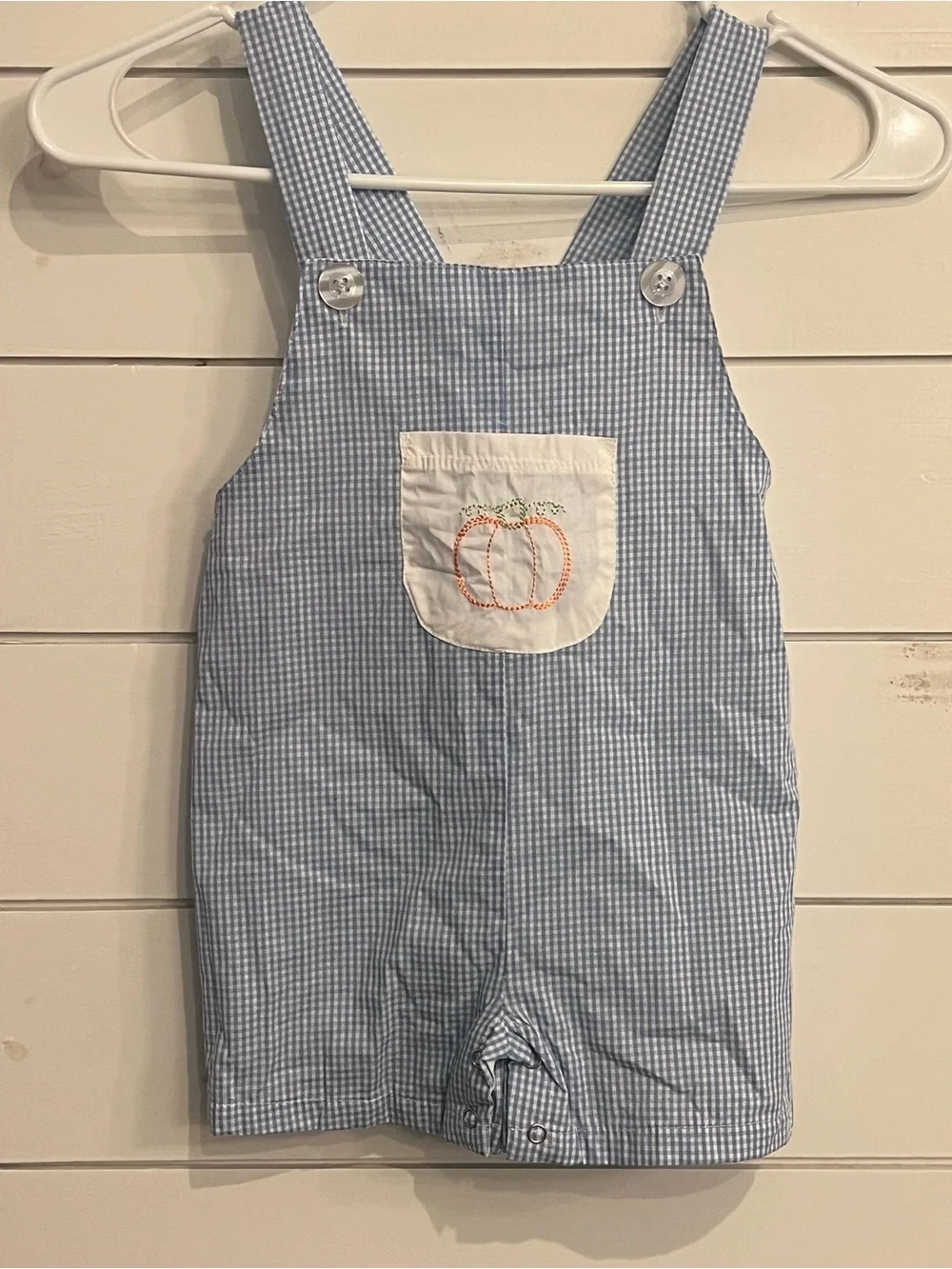 Light Blue Gingham Kids Overalls with Pumpkin Pocket Great Fall Style